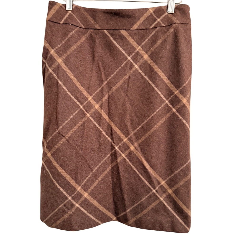 Ann Taylor Plaid Wool‎ Skirt Women 8 Brown Tan Pencil Knee Length Career Classic
